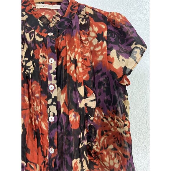 Gibson Top Womens S Multicolor Button Up Floral Ruffle Pleated Sheer Chiffon Y2K - Picture 2 of 9